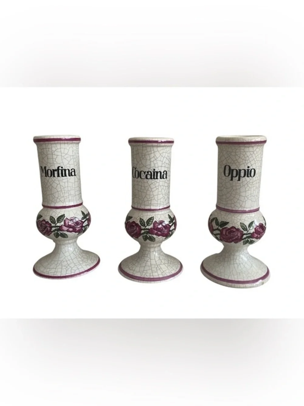 Rare Set of 3 Vintage Herr Keramik German Apothecary Jars Cocaina Morfina Oppio